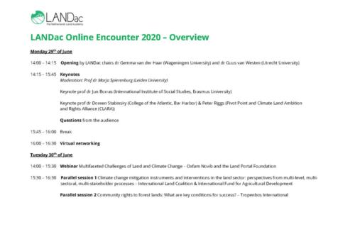 LANDac Online Encounter Preliminary Programme Overview
